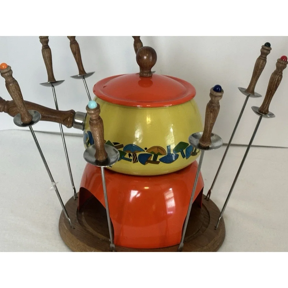 Vtg Fondue Set Wood Stand Forks Enamel Pot Mushroom Mid Century MCM‎ Kitchen